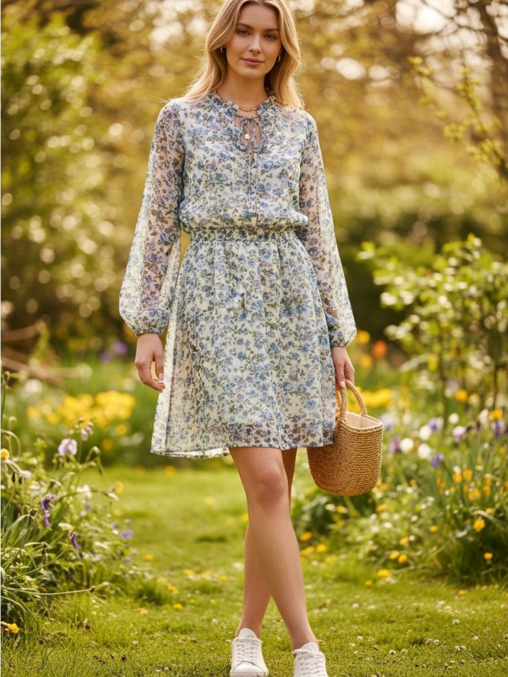 Love By Design White Blue Floral Tie-Neck Mini Dress